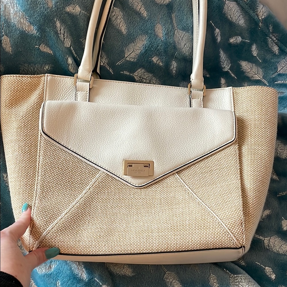 Kate spade ♠️ Cream and Tan Structured Tote Bag with gold Accents